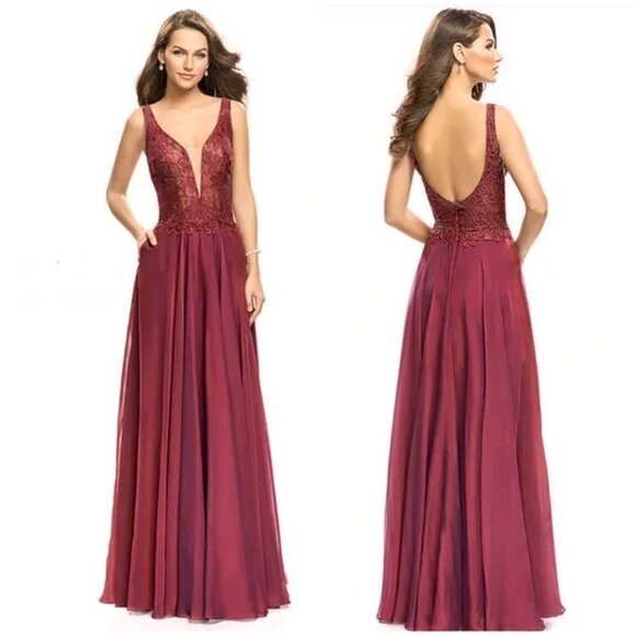 La Femme Boysenberry Sequin Lace Bodice Plunge Neck Chiffon Gown - Picture 1 of 2